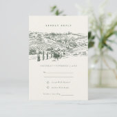 Rustic Green Winery Mountain Sketch Wedding RSVP Informatiekaartje (Staand voorkant)