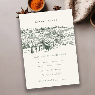 Rustic Green Winery Mountain Sketch Wedding RSVP Informatiekaartje