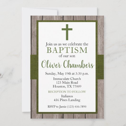 Rustic Green & Wood Boy Baptism Kaart (Voorkant)