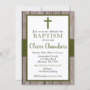 Rustic Green & Wood Boy Baptism Kaart