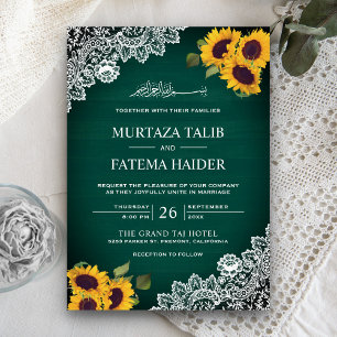 Rustic Green Wood Lace Sunflower Muslim Wedding Kaart