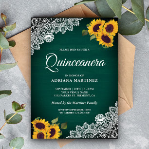 Rustic Green Wood Lace Sunflower Quinceanera Kaart