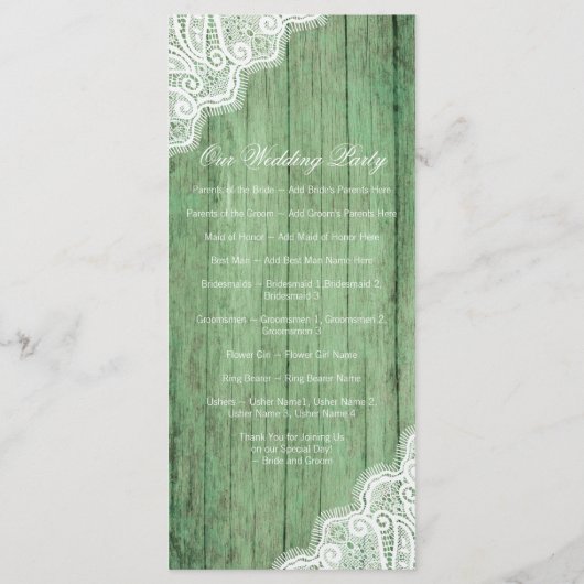 Rustic Green Wood Lace Vertical Wedding Programs Programmakaart (Achterkant)