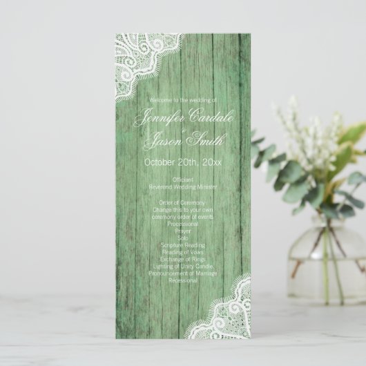 Rustic Green Wood Lace Vertical Wedding Programs Programmakaart (Staand voorkant)