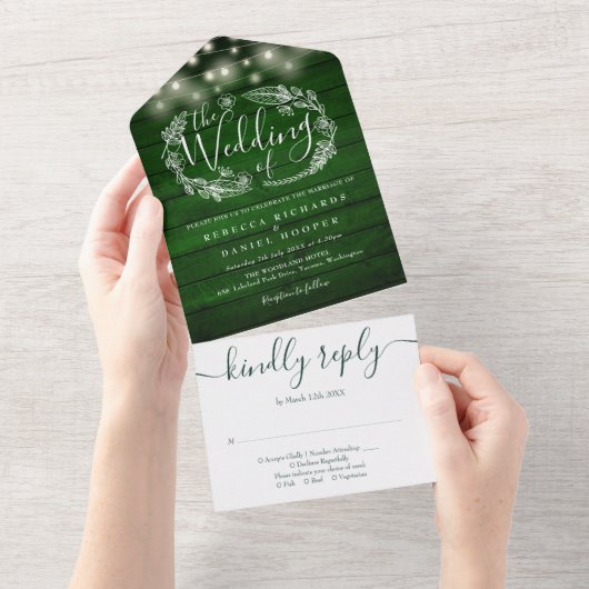 Rustic Green Wood String Lights Floral Wedding All In One Uitnodiging (Afscheurbaar)