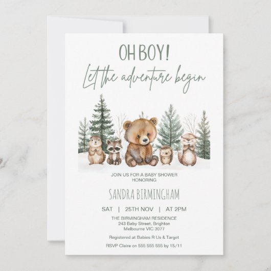 Rustic Green Woodland Adventure Begin Baby Shower Kaart (Voorkant)