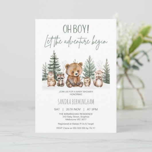 Rustic Green Woodland Adventure Begin Baby Shower Kaart (Staand voorkant)