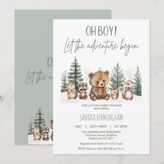 Rustic Green Woodland Adventure Begin Baby Shower Kaart (Voorkant / Achterkant)