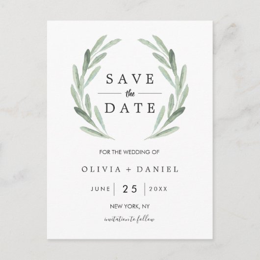 Rustic Green Wreath Eenvoudige bruiloft Save the D Aankondigingskaart (Voorkant)