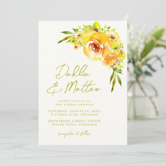 Rustic Green Yellow Floral Handwritten Wedding Kaart (Staand voorkant)