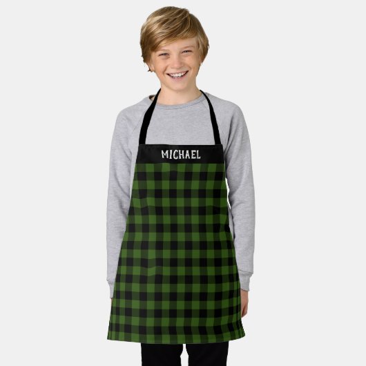 Rustic Green Zwarte Buffalo Plaid Holiday Custom Schort (Gedragen)