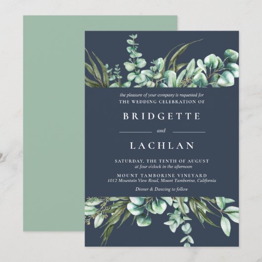 Rustic Greenery and Navy Eucalyptus Wedding Kaart (Voorkant / Achterkant)