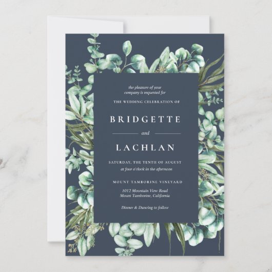Rustic Greenery and Navy Eucalyptus Wedding Kaart (Voorkant)