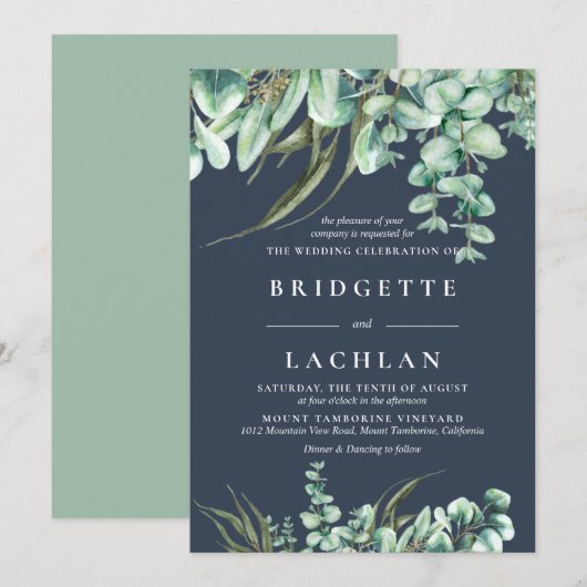 Rustic Greenery and Navy Eucalyptus Wedding Kaart (Voorkant / Achterkant)