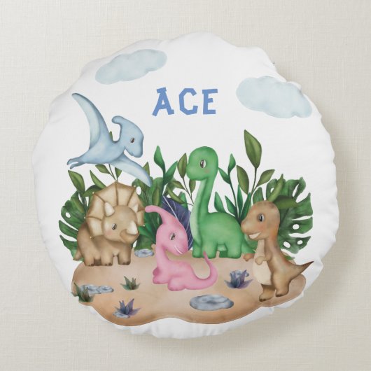 Rustic Greenery Baby Dinosaurs Wild Op een dag Rond Kussen (Achterkant)