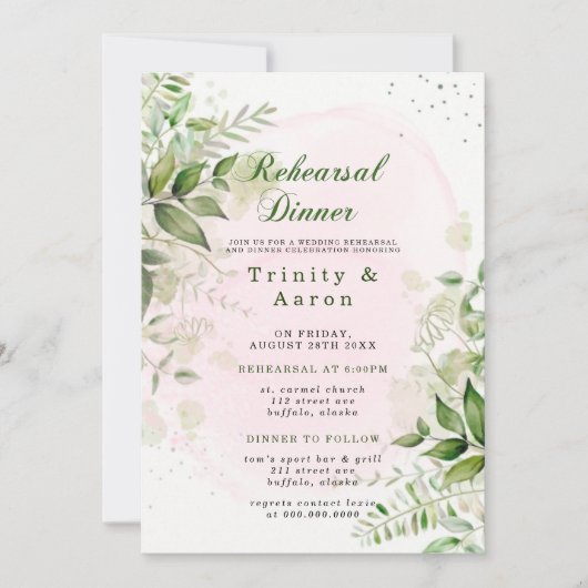 Rustic Greenery Blush Pink Airy Rehearsal Dinner Kaart (Voorkant)