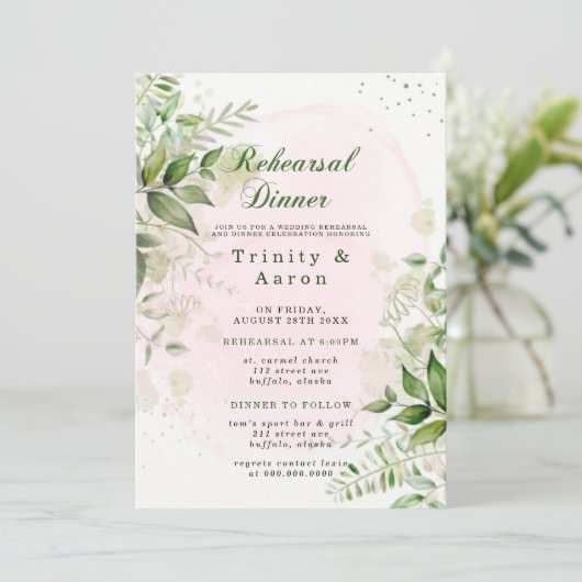 Rustic Greenery Blush Pink Airy Rehearsal Dinner Kaart (Staand voorkant)