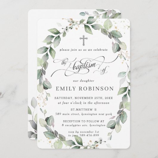 Rustic Greenery Botanical Wreath Silver Baptisme Kaart (Voorkant / Achterkant)