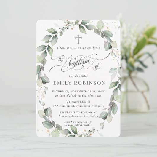 Rustic Greenery Botanical Wreath Silver Baptisme Kaart (Staand voorkant)