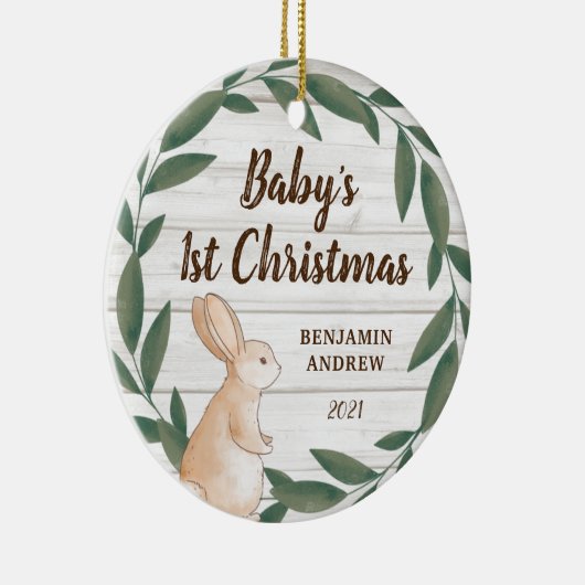 Rustic Greenery Bunny Baby's eerste kerstfoto Keramisch Ornament (Rechts)