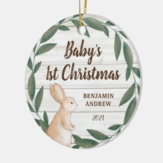 Rustic Greenery Bunny Baby's eerste kerstfoto Keramisch Ornament (Links)