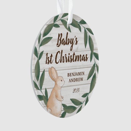 Rustic Greenery Bunny Baby's eerste kerstfoto Ornament (voorkant)
