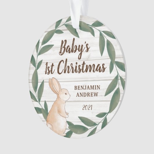 Rustic Greenery Bunny Baby's eerste kerstfoto Ornament (voorkant)