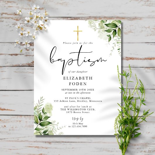 Rustic Greenery Chic Monogram Baptism Uitnodiging