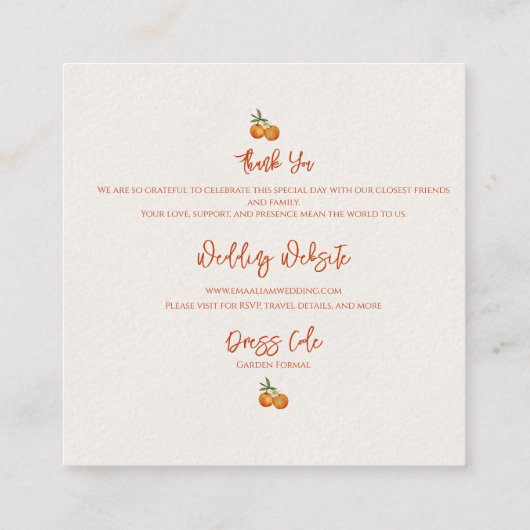 Rustic Greenery Citrus Oranje bruiloft Details Informatiekaartje (Achterkant)