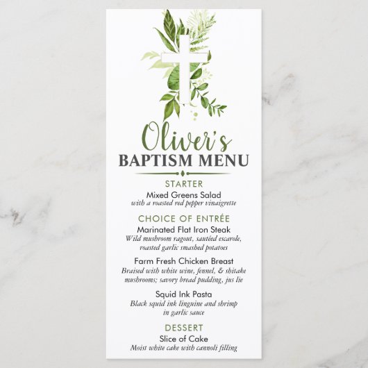 Rustic Greenery Cross Boy Baptism Custom Event Menu (Voorkant)