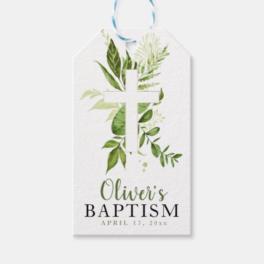 Rustic Greenery Cross Boy Baptism Favor Cadeaulabel (Voorkant)