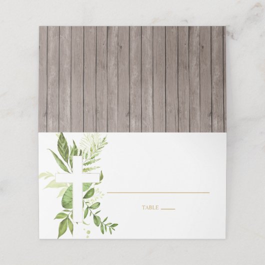 Rustic Greenery Cross Boy Baptism Folded Tent Plaatskaartje (Buitenkant ongevouwen)