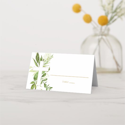 Rustic Greenery Cross Boy Baptism Folded Tent Plaatskaartje (Voorkant)