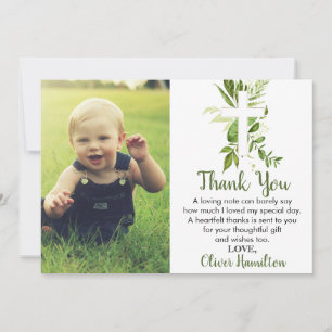 Rustic Greenery Cross Boy Baptism Foto Bedankkaart