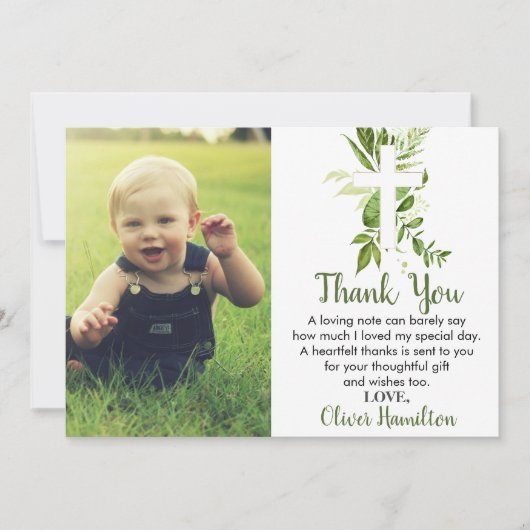 Rustic Greenery Cross Boy Baptism Foto Bedankkaart (Voorkant)