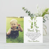 Rustic Greenery Cross Boy Baptism Foto Bedankkaart (Staand voorkant)