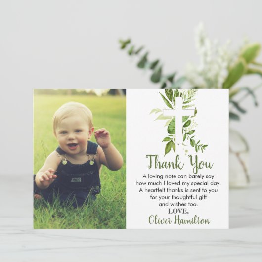 Rustic Greenery Cross Boy Baptism Foto Bedankkaart (Staand voorkant)