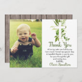 Rustic Greenery Cross Boy Baptism Foto Bedankkaart (Voorkant / Achterkant)