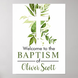 Rustic Greenery Cross Boy Baptism Welkom Poster