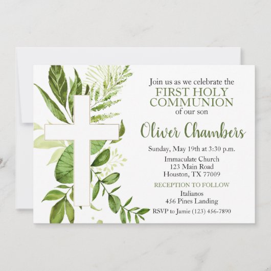 Rustic Greenery Cross Boy First Heilige Communie Kaart (Voorkant)