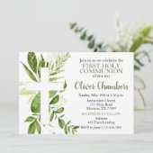 Rustic Greenery Cross Boy First Heilige Communie Kaart (Staand voorkant)