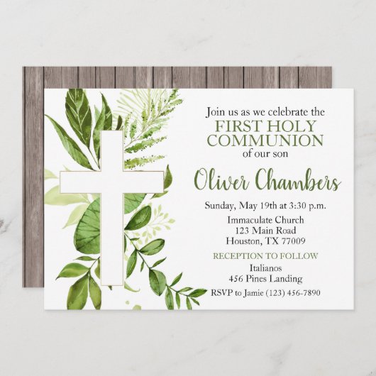 Rustic Greenery Cross Boy First Heilige Communie Kaart (Voorkant / Achterkant)