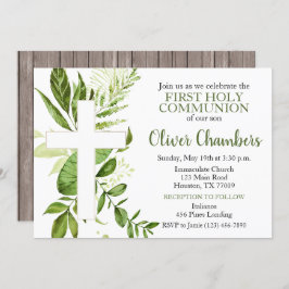 Rustic Greenery Cross Boy First Heilige Communie Kaart