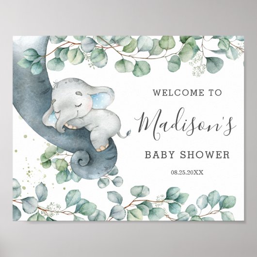 Rustic Greenery Cute Elephant Baby shower Welkom Poster (Voorkant)