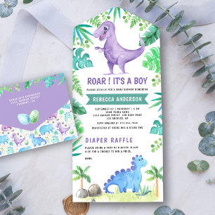 Rustic Greenery Cute Paars Dinosaur Baby shower All In One Uitnodiging