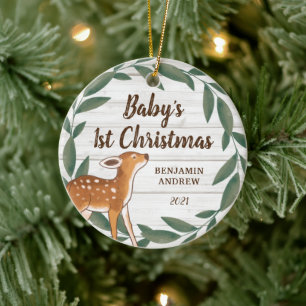 Rustic Greenery Deer Baby's eerste kerstfoto Keramisch Ornament