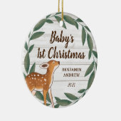 Rustic Greenery Deer Baby's eerste kerstfoto Keramisch Ornament (Rechts)