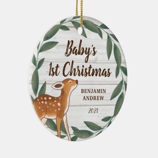 Rustic Greenery Deer Baby's eerste kerstfoto Keramisch Ornament (Rechts)
