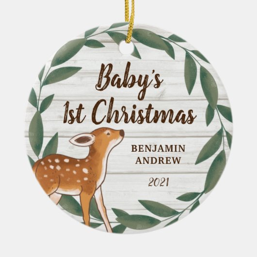 Rustic Greenery Deer Baby's eerste kerstfoto Keramisch Ornament (Voorkant)