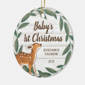 Rustic Greenery Deer Baby's eerste kerstfoto Keramisch Ornament (Links)